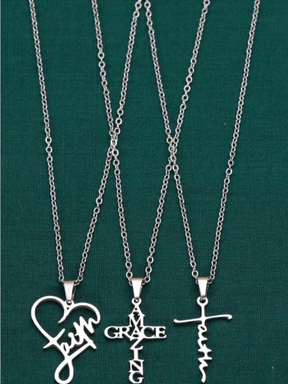 Silver Tone Faith-Themed Pendant Set of 3 Necklaces Amazing Grace Cross Style